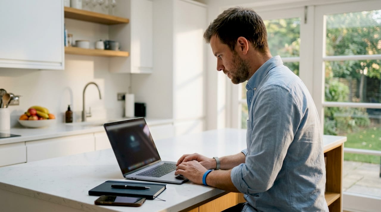Founder setting up automation on laptop in home office