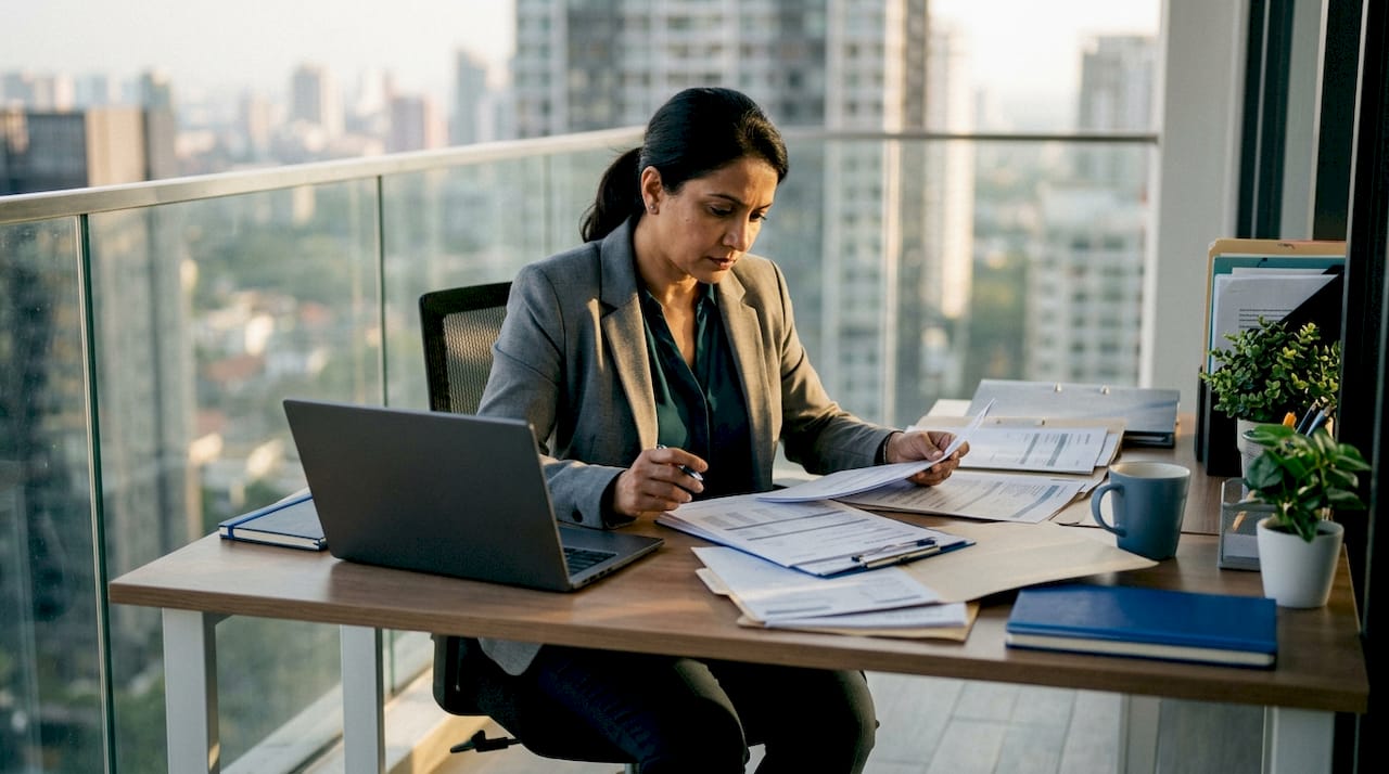 Professional woman reviewing dispute documents at desk