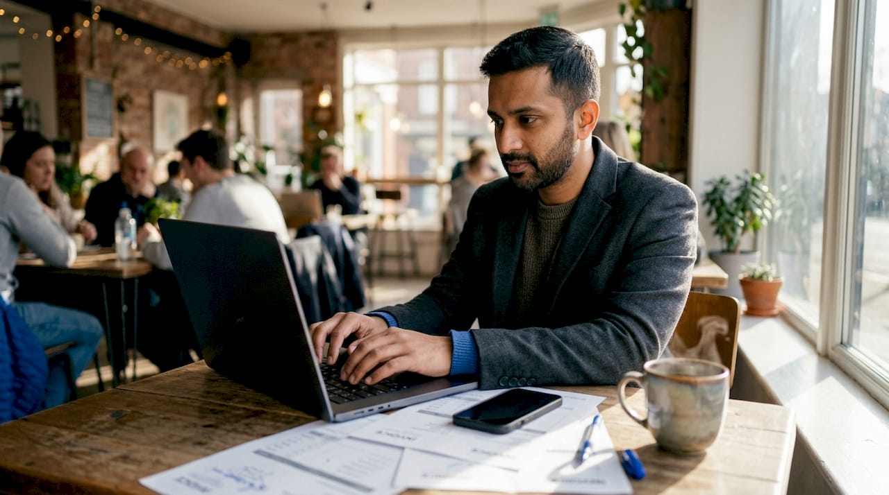 Person configuring payment reminders at home office desk
