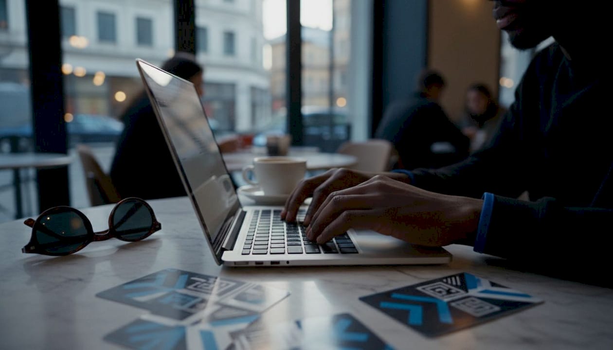 Hands typing on laptop with AI tools nearby
