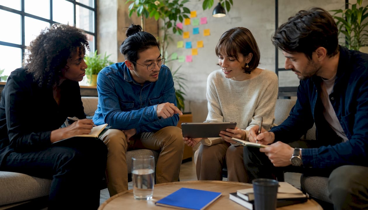 Team collaborating on branding in office