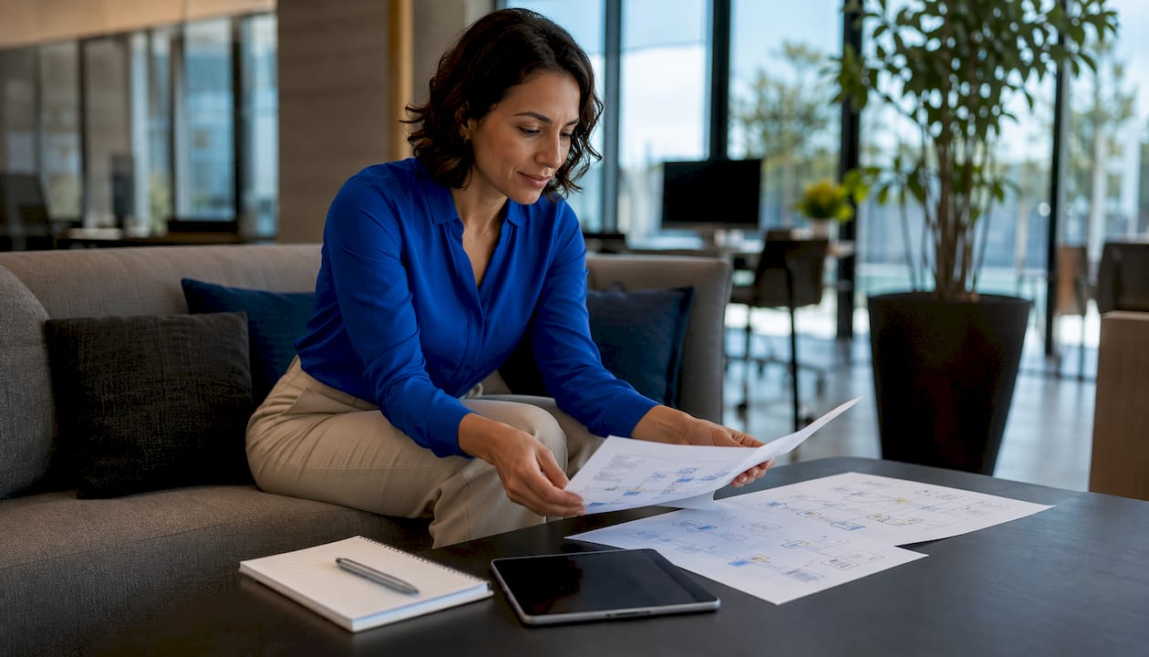 Professional reviewing AI payment workflow in office