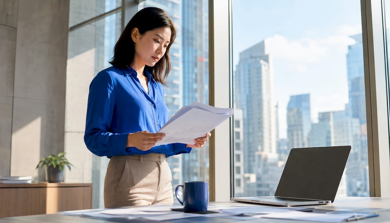 Woman reviewing AI dispute documents in office