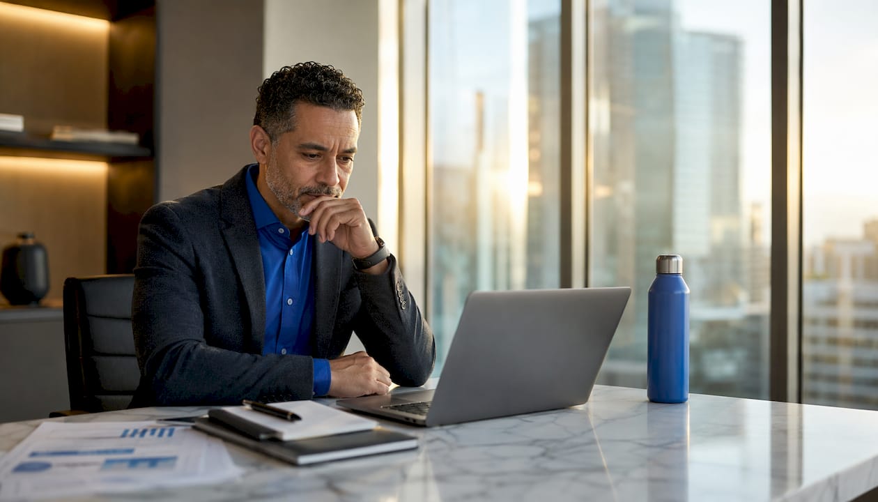 Finance professional reviewing AR automation dashboard at desk