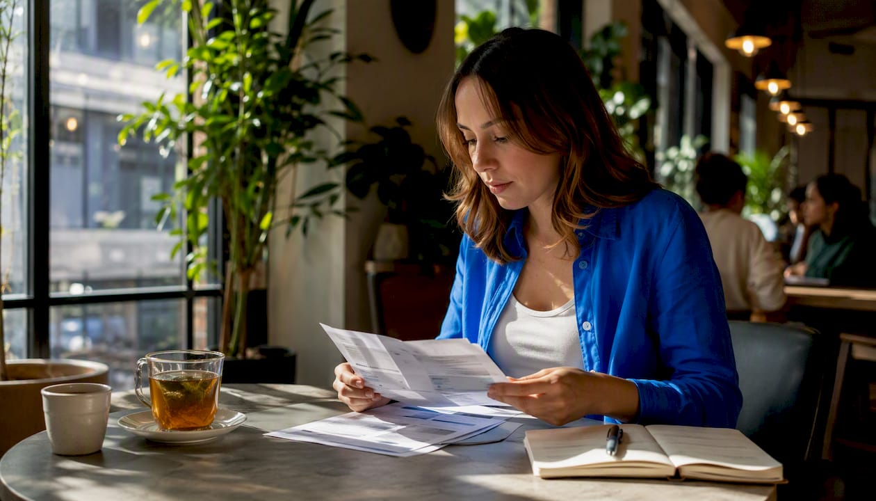 Businesswoman reviewing invoices at desk