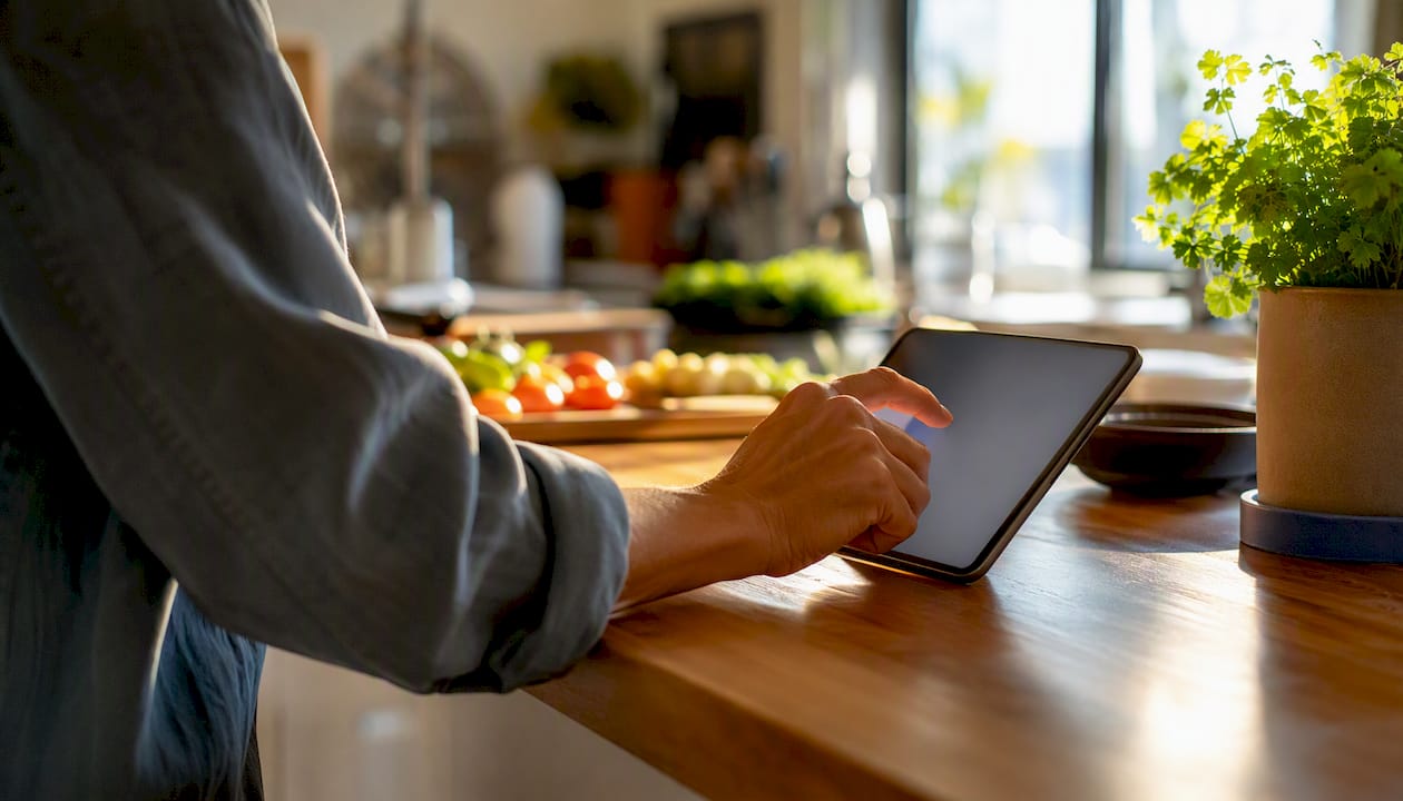 Hand interacting with tablet for payment
