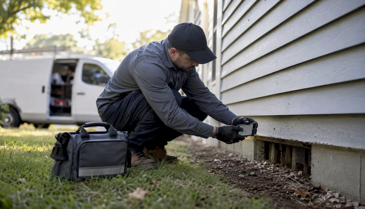 Technician photographing pest control treatment outdoors