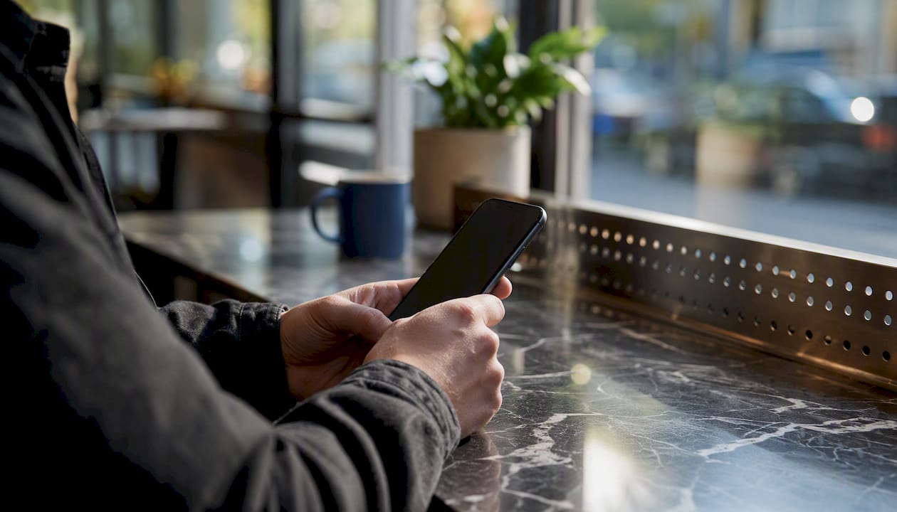Person holding smartphone considering text consent
