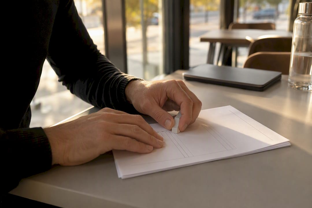 Hands correcting invoice details on desk