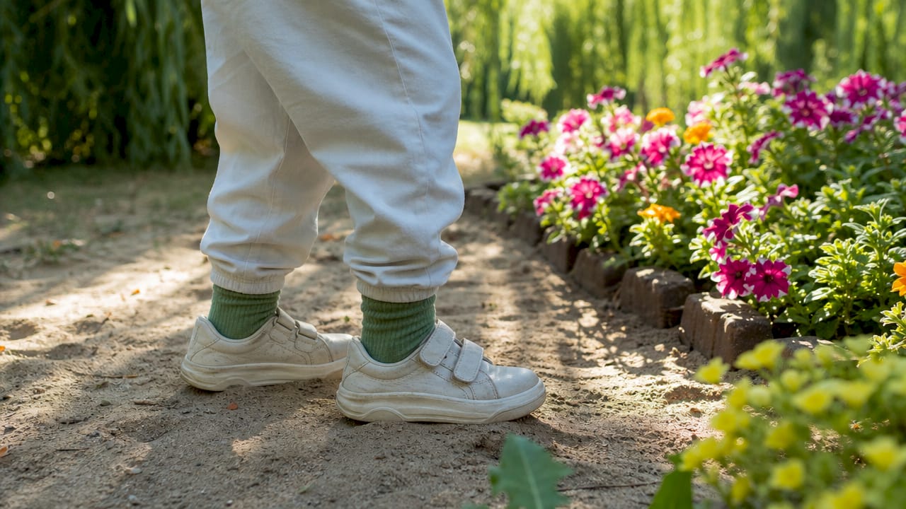 Child's pants tucked into socks preventing mosquito bites