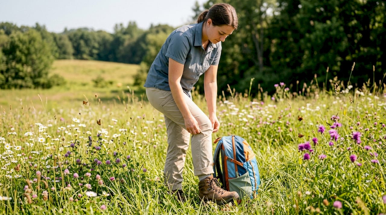 Woman adjusting treated outdoor pants in forest