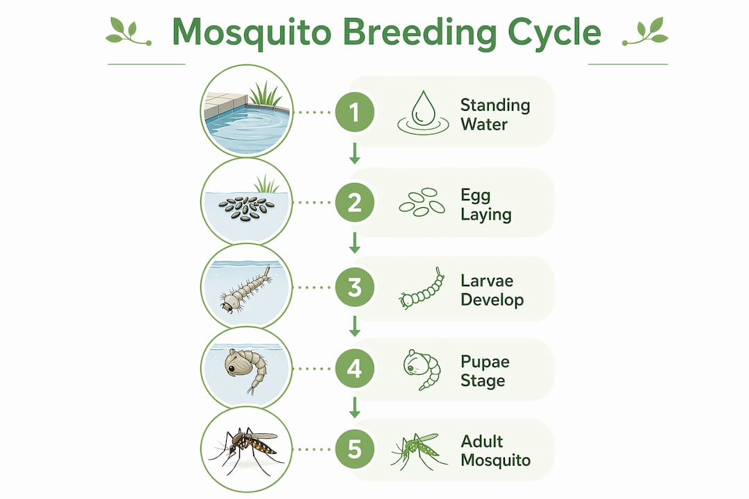 Infographic illustrating mosquito breeding cycle steps