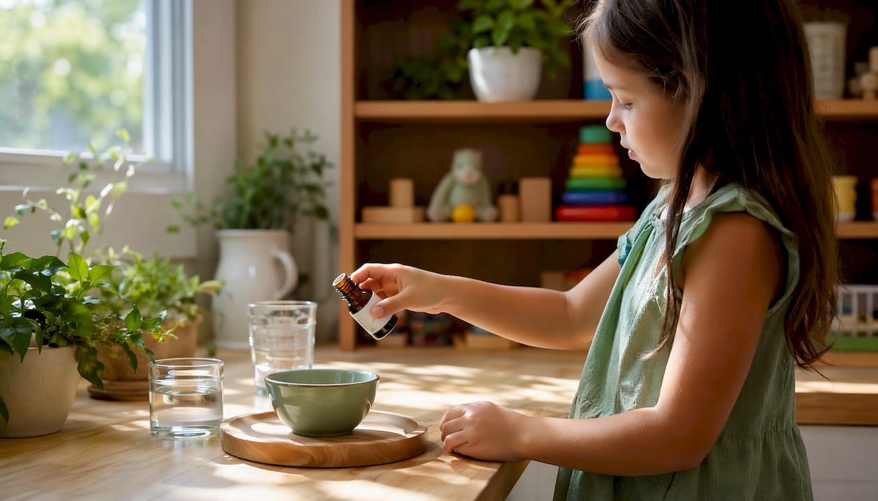 Adult hand holding natural repellent ingredient bottle
