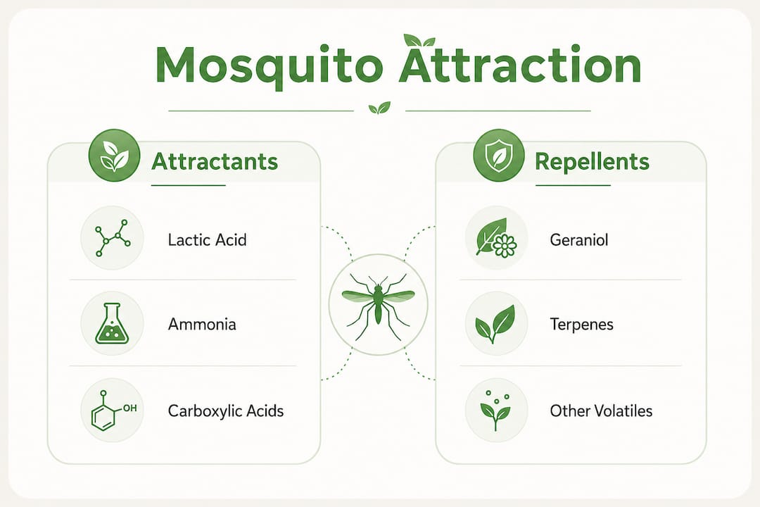 Infographic contrasting mosquito attractant and repellent compounds