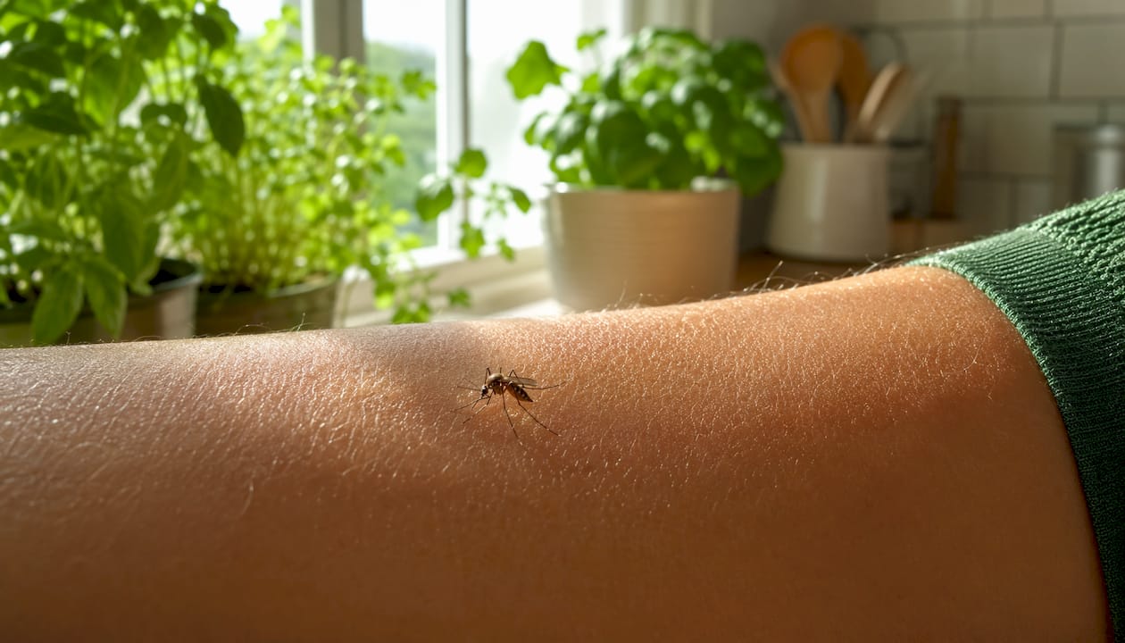Close-up mosquito antenna on human skin