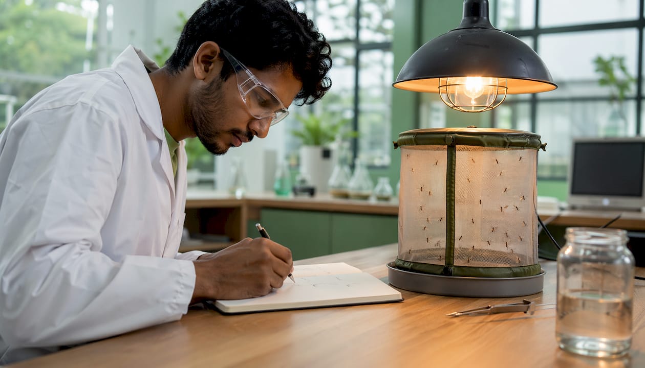 Researcher studying mosquitoes with heat and light