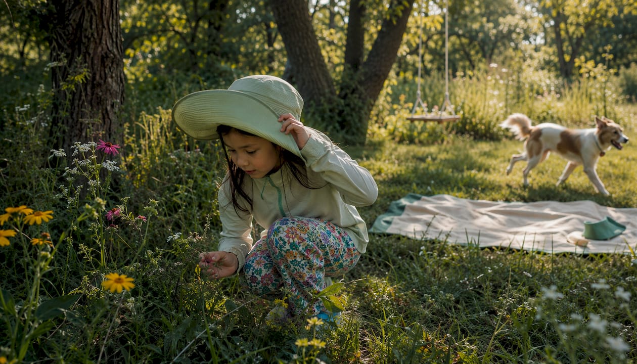 Child wearing protective clothing playing in garden
