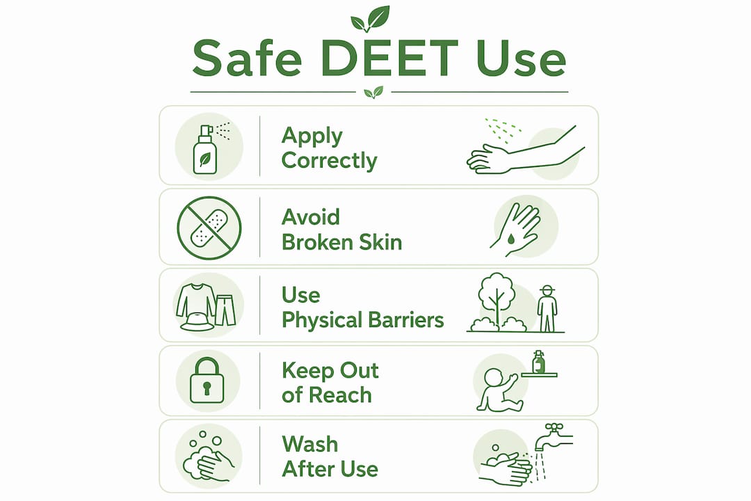Infographic outlining safe DEET use steps for children