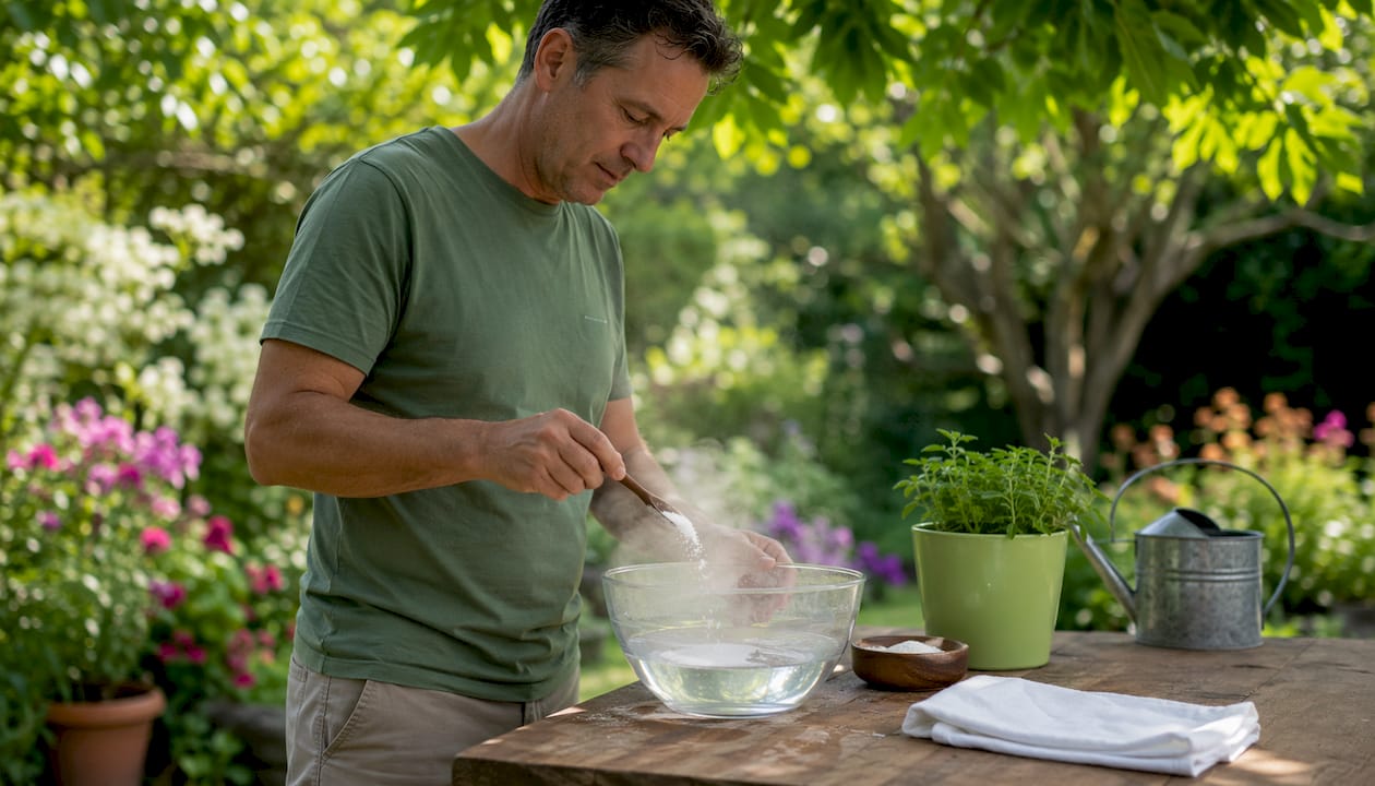 Man preparing saltwater compress at kitchen counter