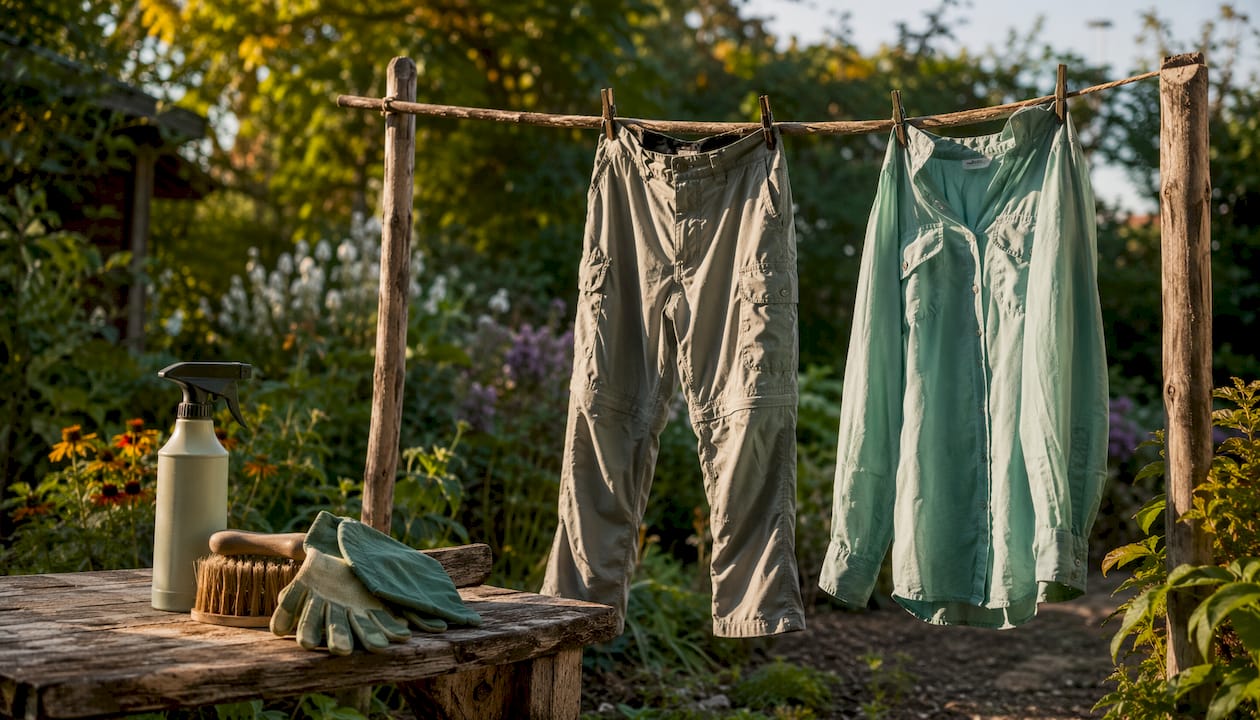 Permethrin-treated hiking clothes drying on porch