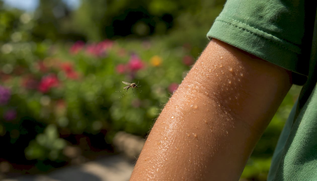 Mosquito close to child's sweaty skin macro