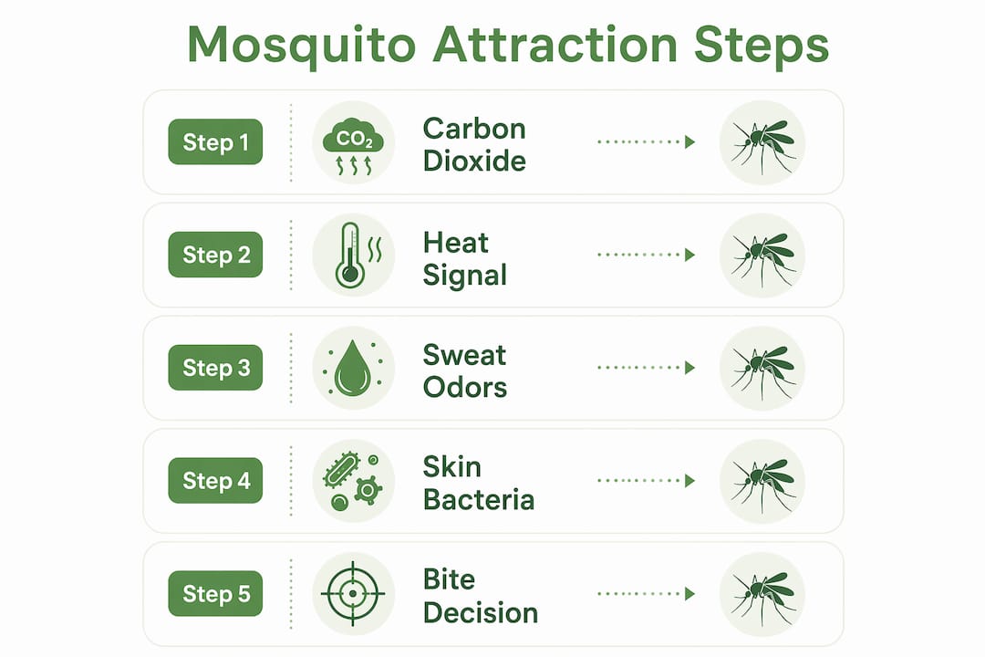 Infographic illustrating steps mosquitoes use to find children