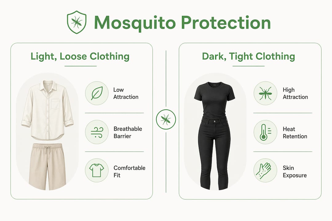 Infographic comparing light loose vs dark tight clothing for mosquito protection