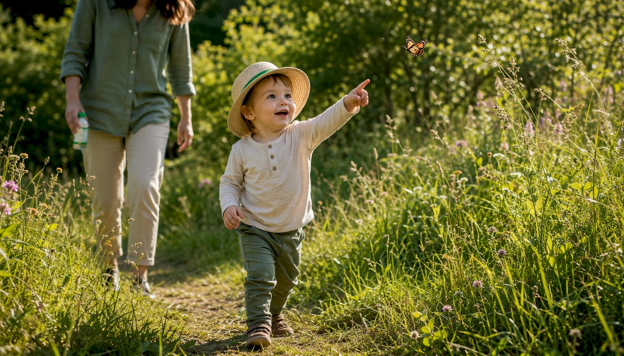Older toddler walking protected on forest trail