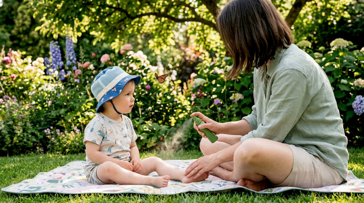 Parent spraying mosquito repellent on toddler's legs