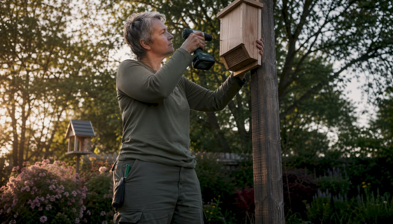 Person installing bat house in backyard garden