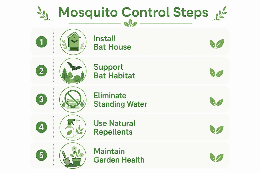 Infographic illustrating mosquito control steps involving bats