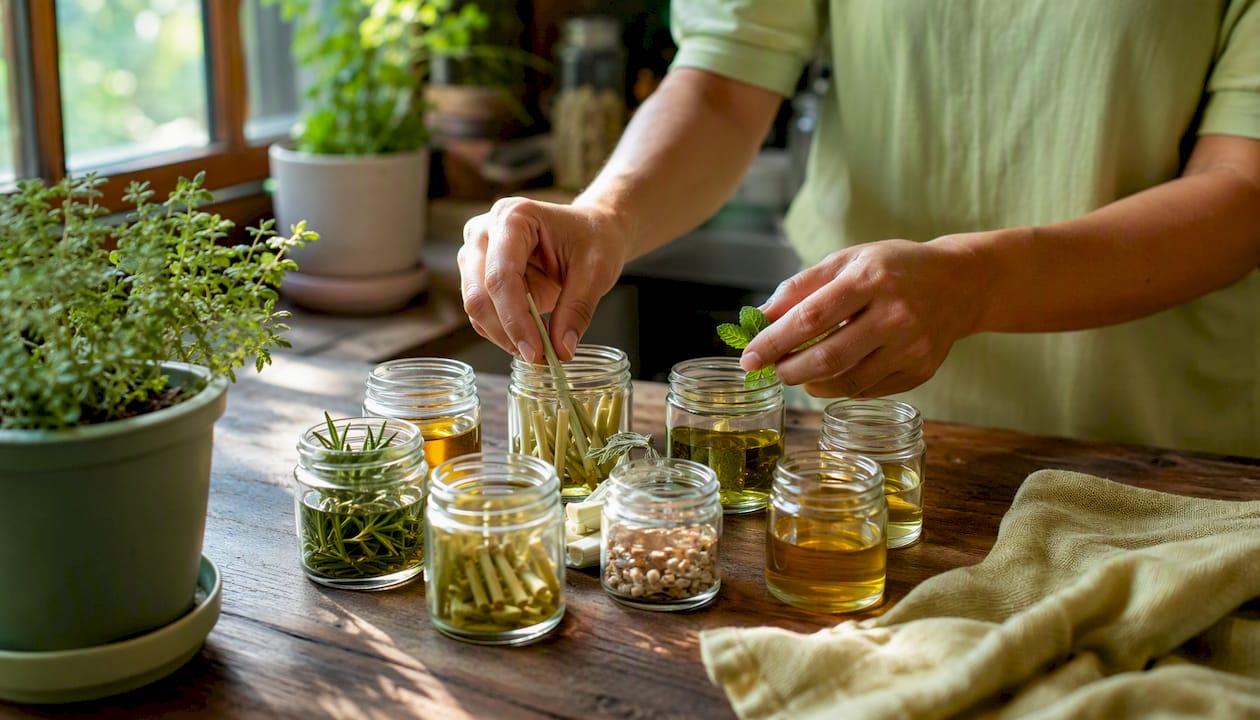 Hands holding jars of botanical repellent oils and herbs