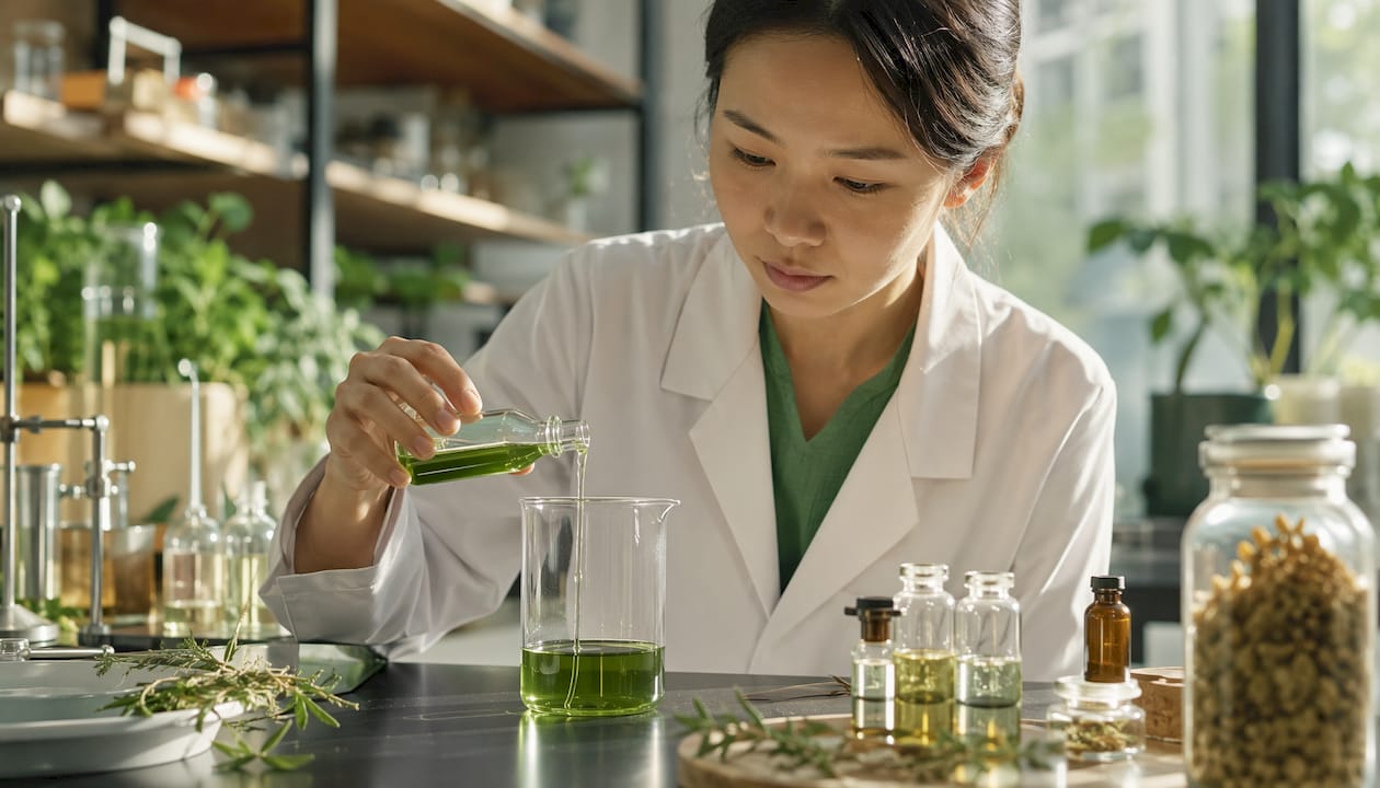 Laboratory technician mixing botanical repellent formulations