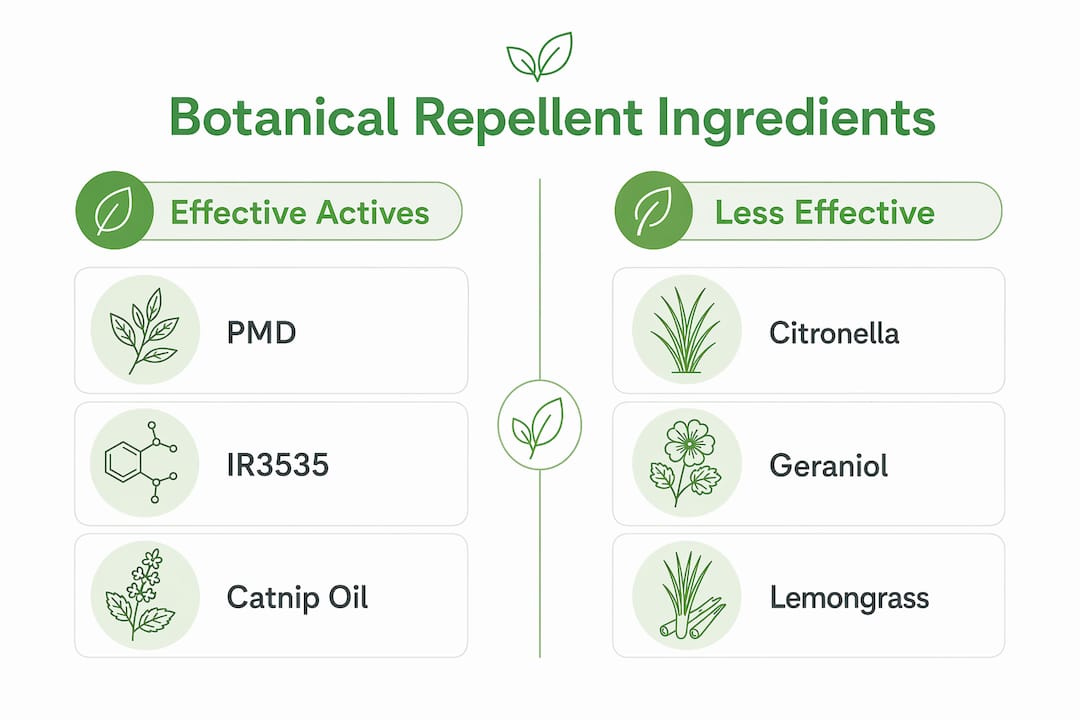 Infographic comparing effective vs less effective botanical repellent ingredients