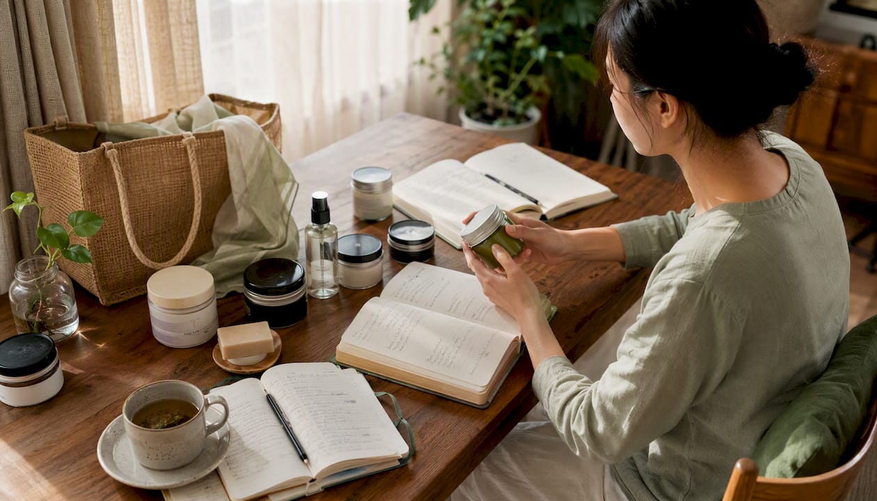 Overhead view of natural body care products and notes