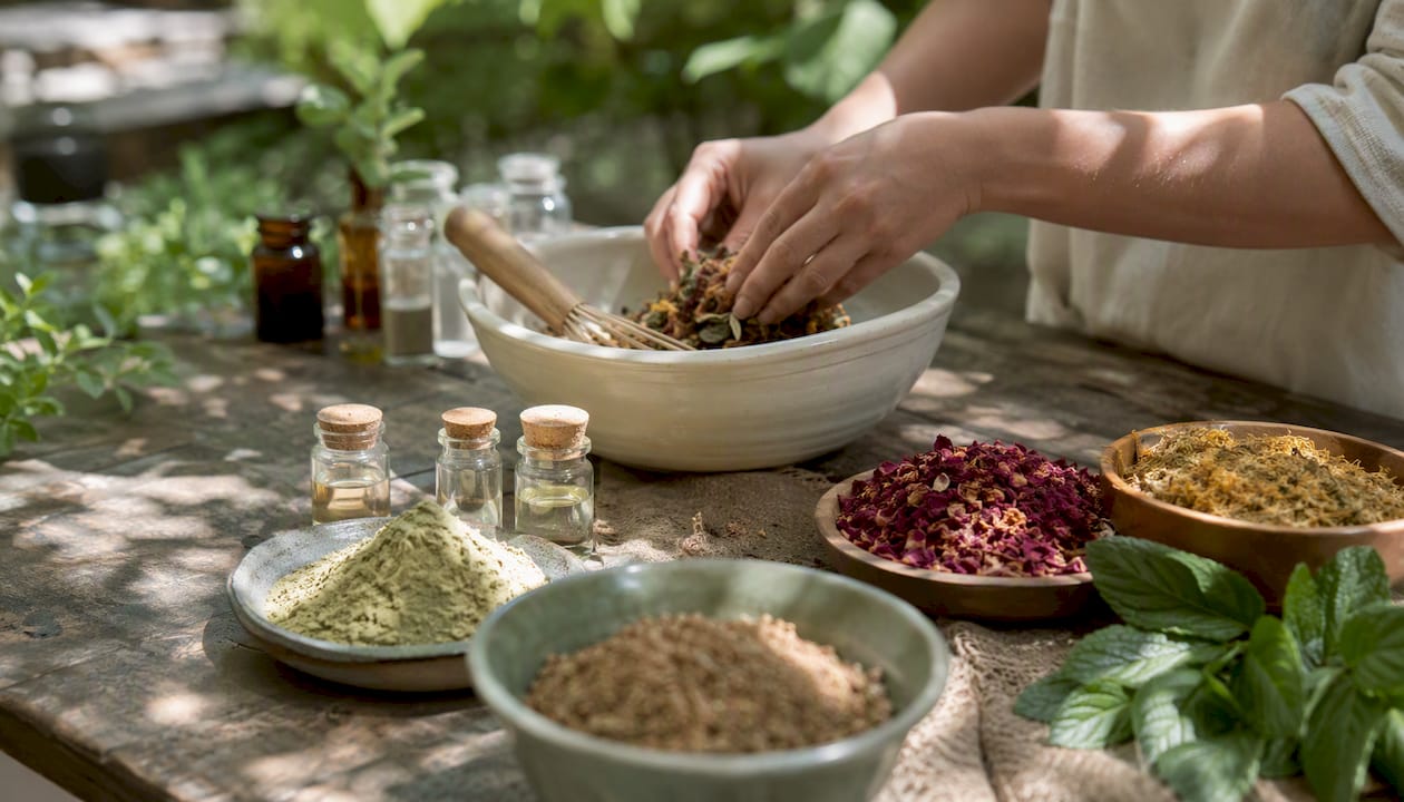 Soapmaking ingredients and hands sprinkling petals