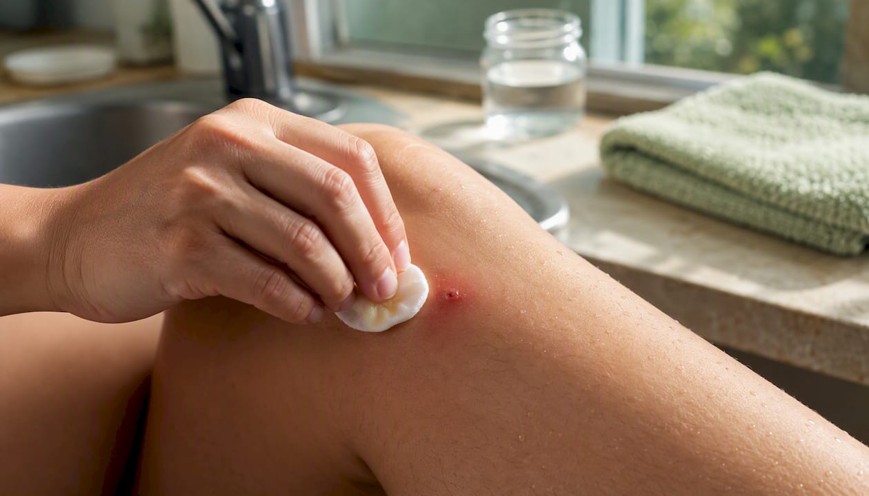Hand cleaning sandfly bite with antiseptic cotton pad