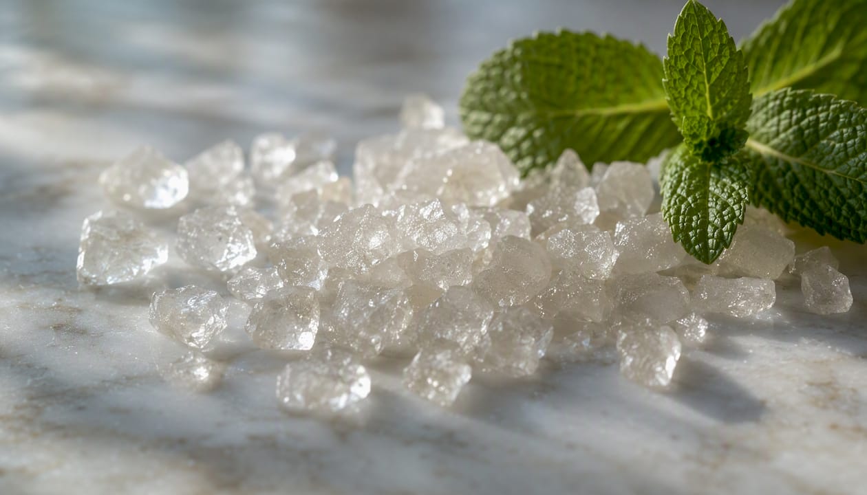 Close-up of sugar crystals on wood