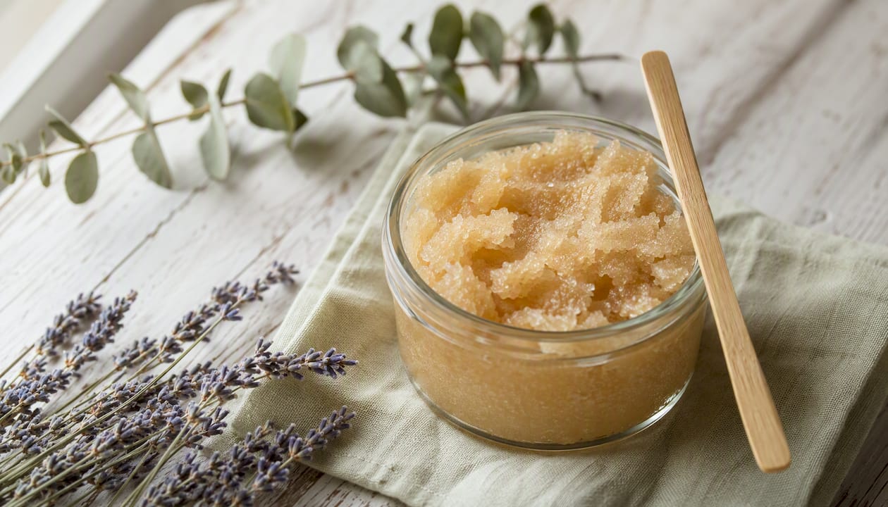 Sugar scrub in glass container with wooden spatula