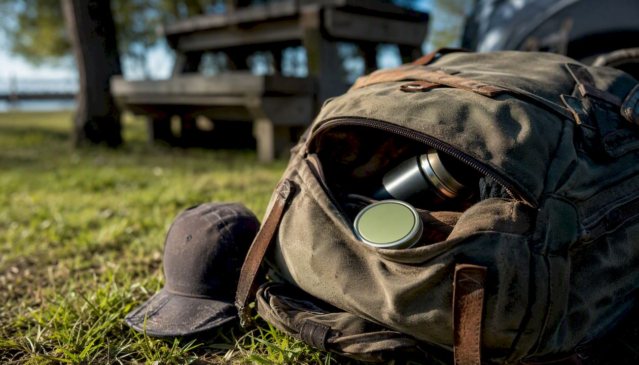 Mosquito balm tin peeking out of outdoor bag pocket