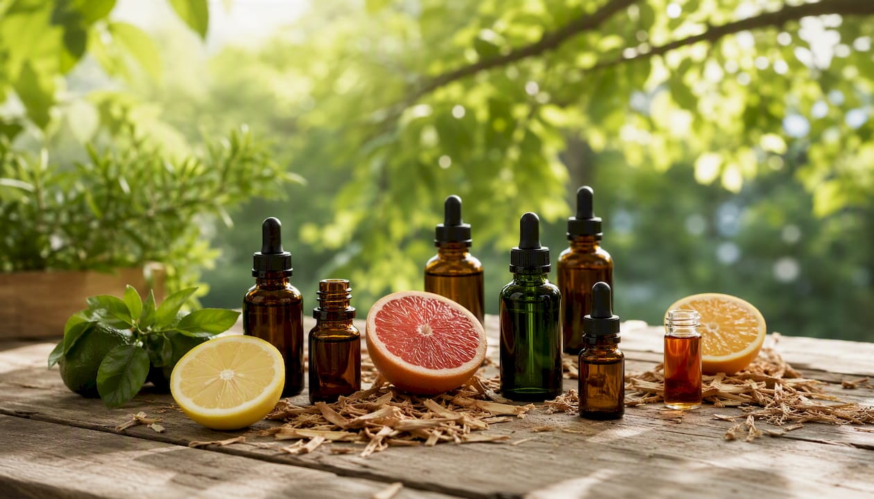 Essential oil bottles and citrus fruits arranged