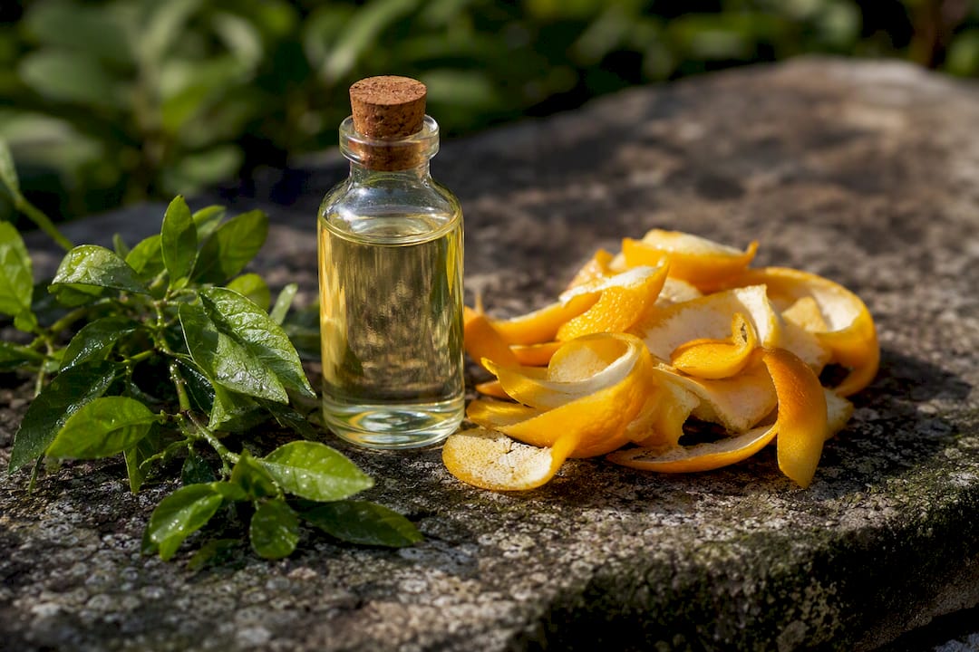 Steam-distilled citrus oil with fresh peels on wood