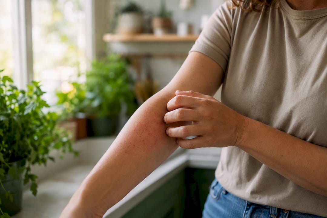 Close-up of irritated red patch on forearm