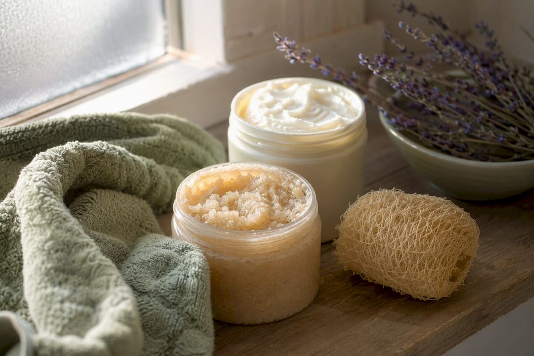 Sugar scrub and whipped body butter on wooden vanity