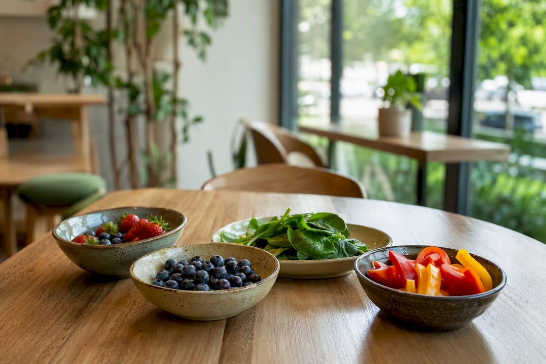 Fresh antioxidant rich fruits and vegetables on table