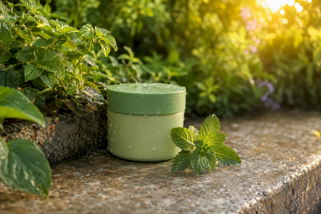 Chilled after sun lotion with mint leaves and water spray