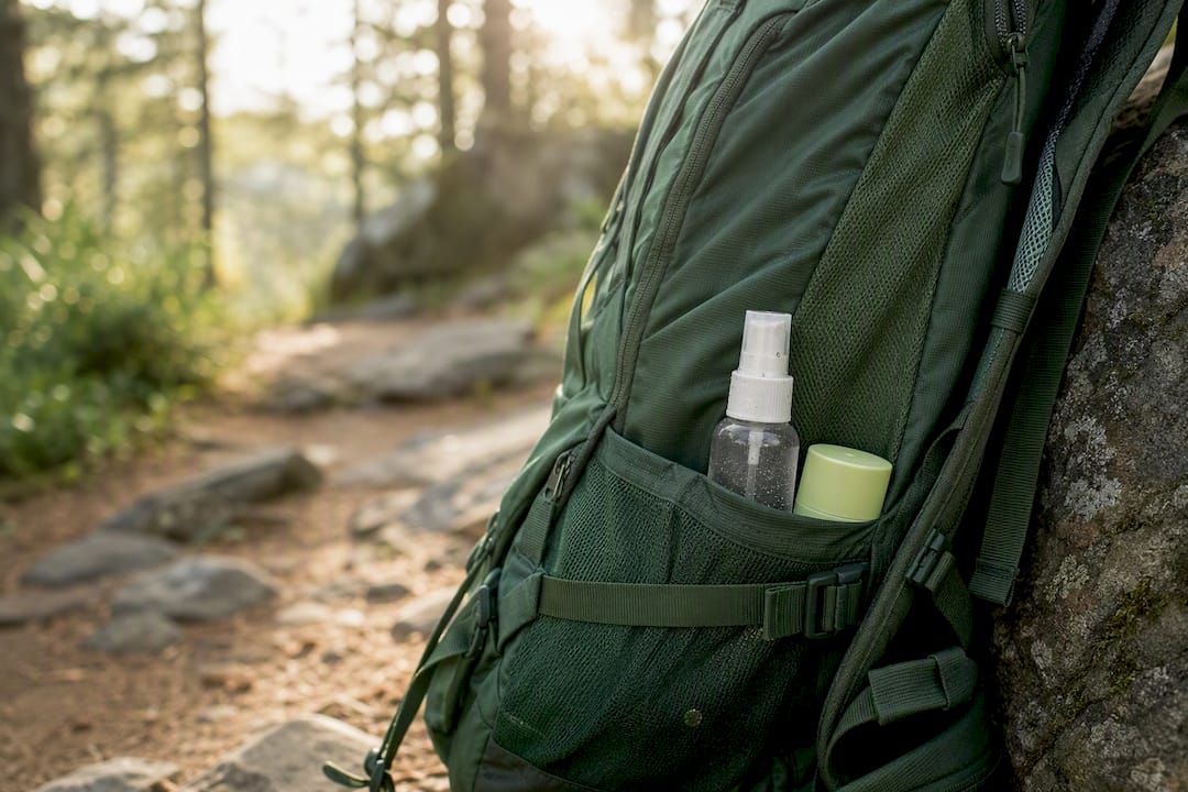 Spray bottle and balm in backpack pocket outdoors