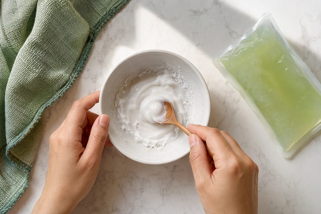 Baking soda paste beside a gel ice pack
