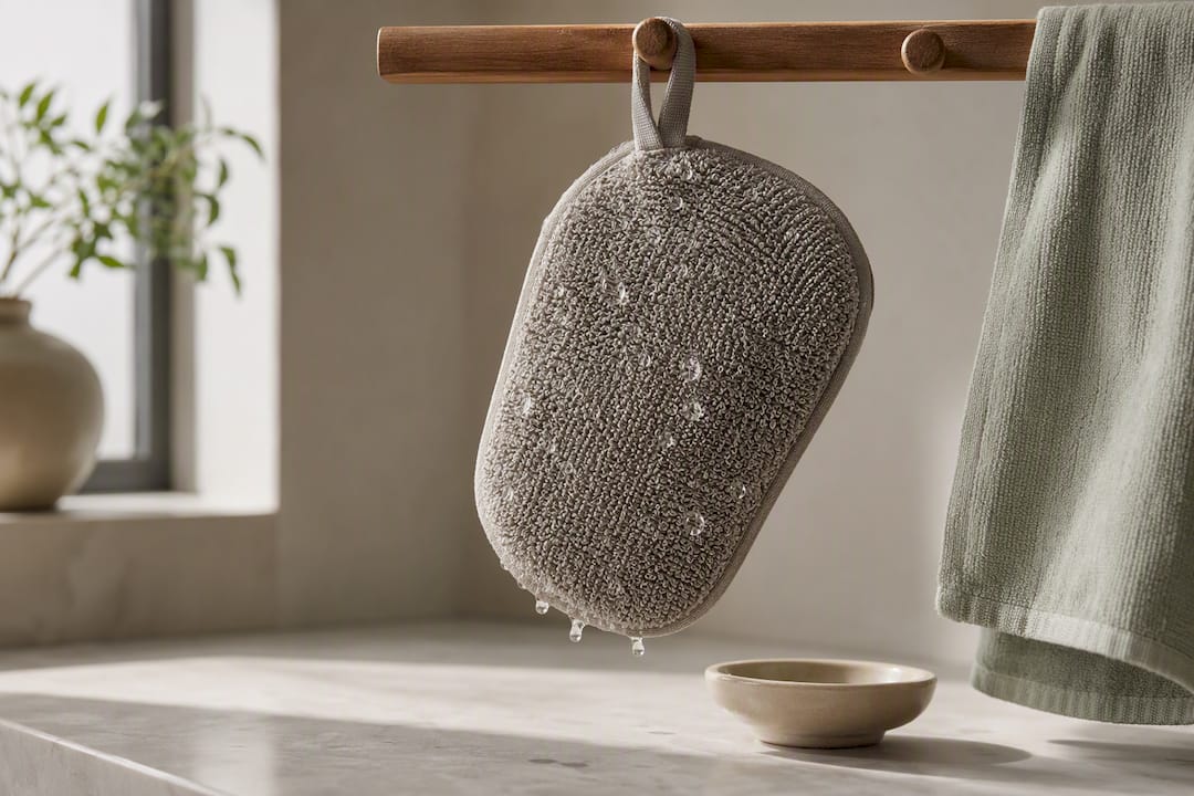 Rinsed scrub mitt drying on rail
