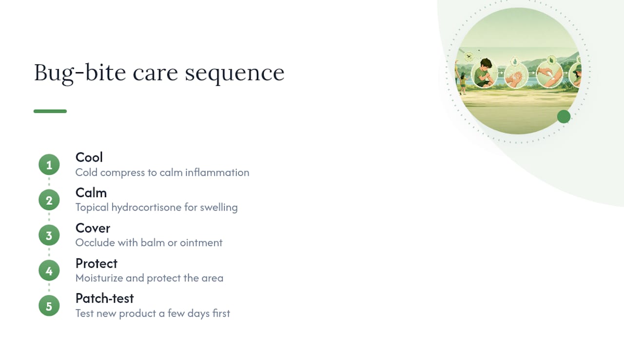 Early bug bite care sequence reducing later pigment